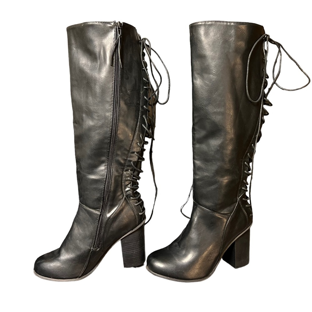 TORRID Womens Black Side Zip Lace Up Knee High Wide Calf Boots Block Heel 9.5W - Picture 3 of 11